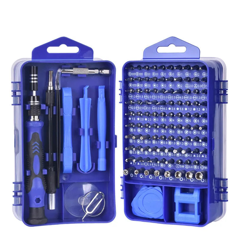 117-in-1 double-sided magnetic CRV screwdriver bit set with flexible extension in black case.