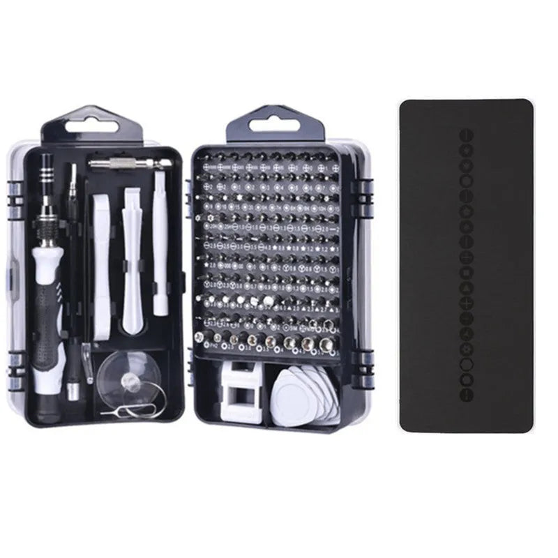 117-in-1 double-sided magnetic CRV screwdriver bit set with flexible extension in black case.