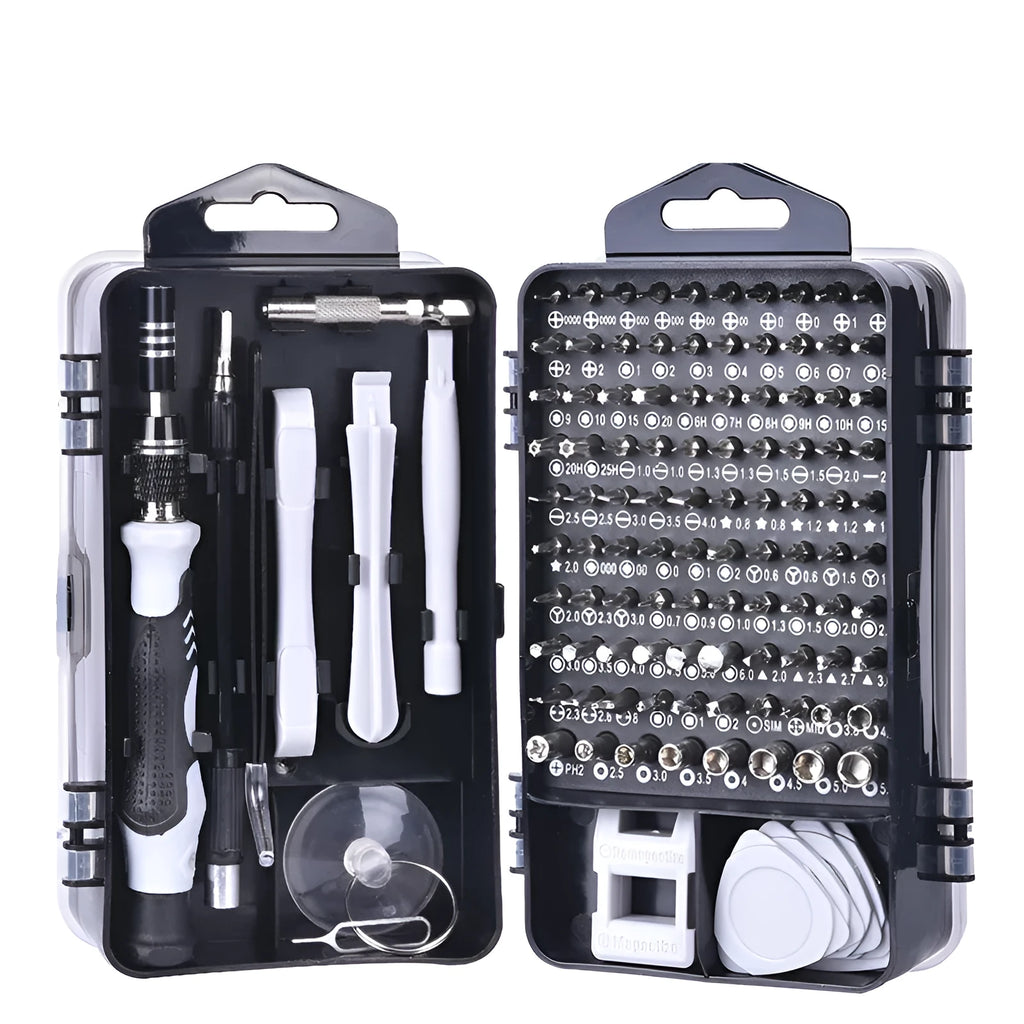 117-in-1 double-sided magnetic CRV screwdriver bit set with flexible extension in black case.
