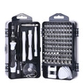 117-in-1 double-sided magnetic CRV screwdriver bit set with flexible extension in black case.