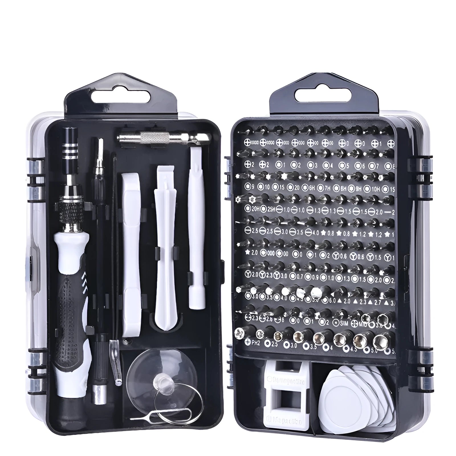 117-in-1 double-sided magnetic CRV screwdriver bit set with flexible extension in black case.