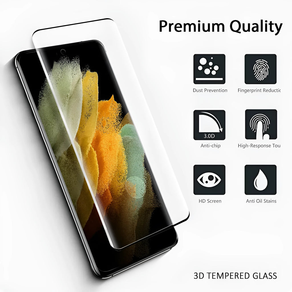 Samsung Galaxy S21 Ultra tempered glass screen protector with curved edge design