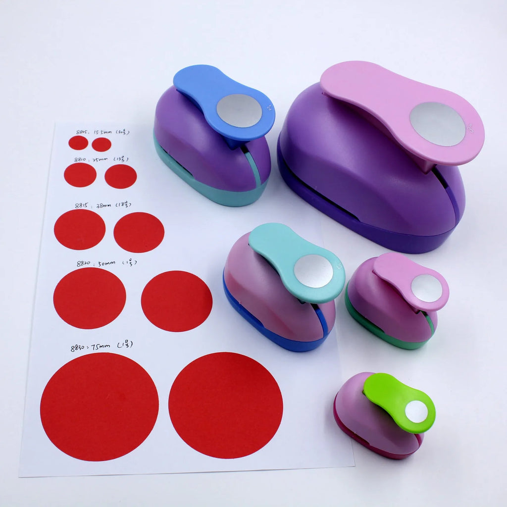 Colourful children's round embossing machine tool with ABS plastic and zinc alloy construction.