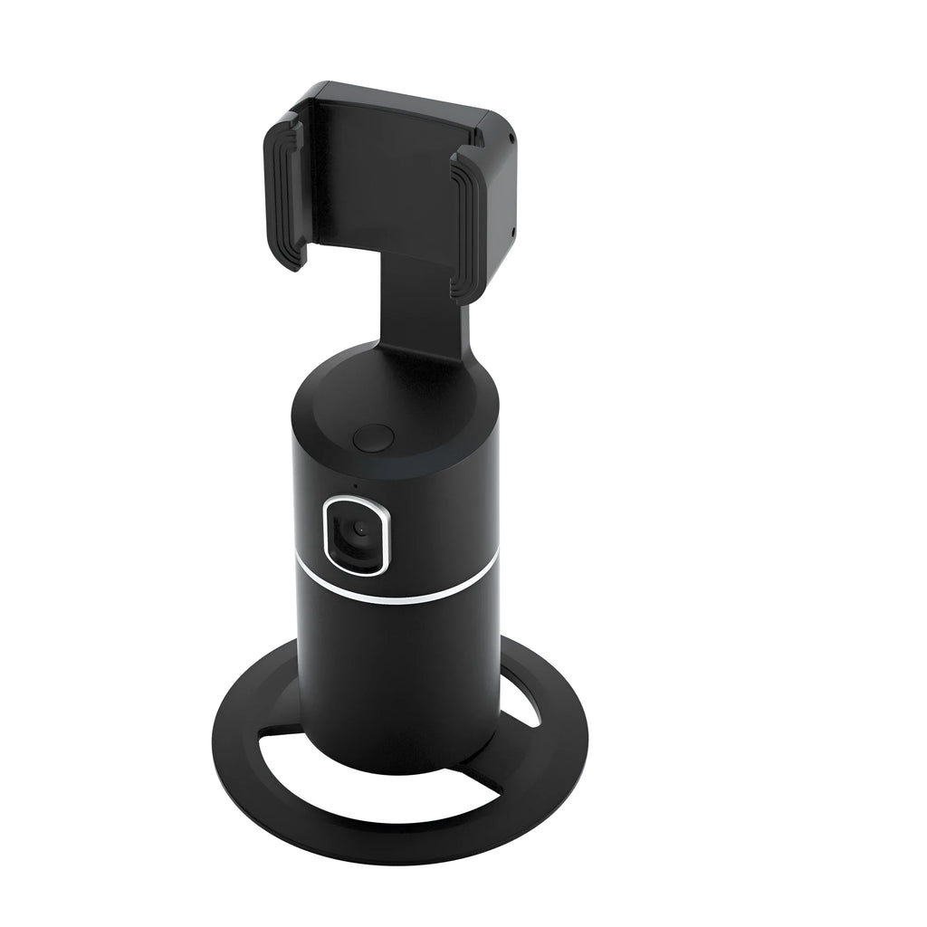 Black smart phone tracking gimbal stabiliser showing 360-degree rotation on a clip mount.