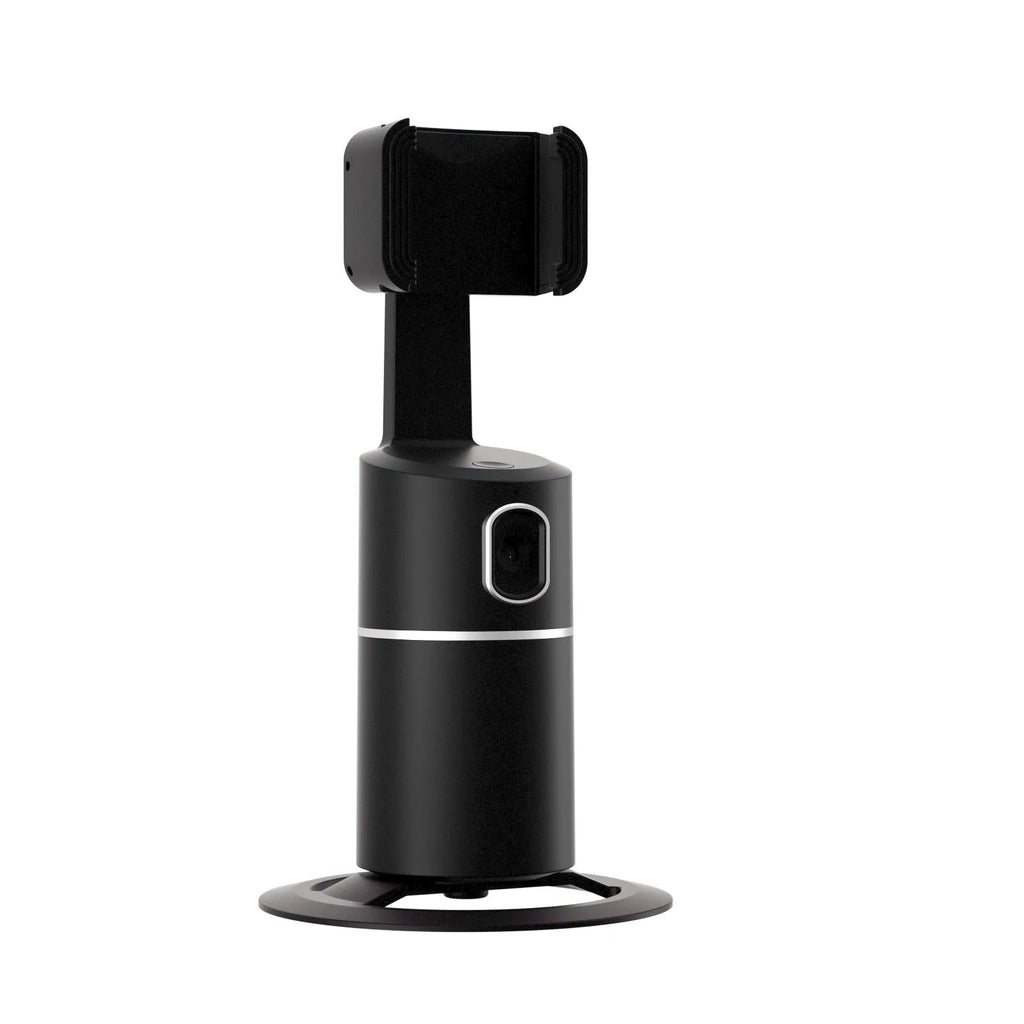 Black smart phone tracking gimbal stabiliser showing 360-degree rotation on a clip mount.