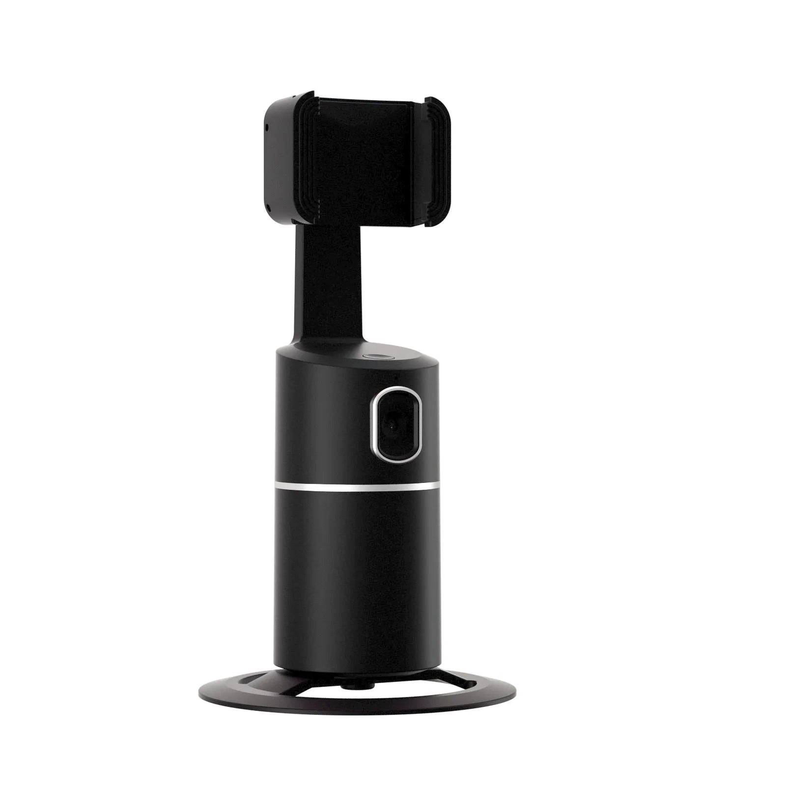 Black smart phone tracking gimbal stabiliser showing 360-degree rotation on a clip mount.
