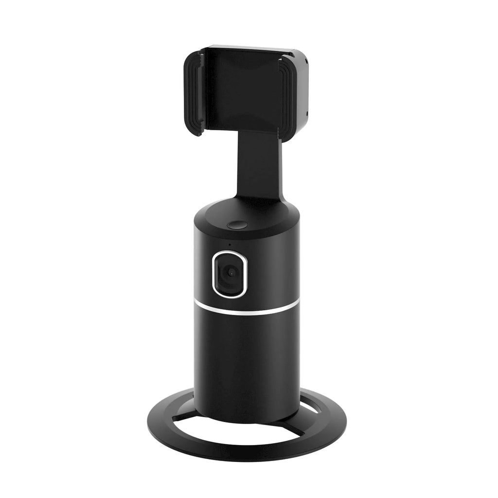 Black smart phone tracking gimbal stabiliser showing 360-degree rotation on a clip mount.