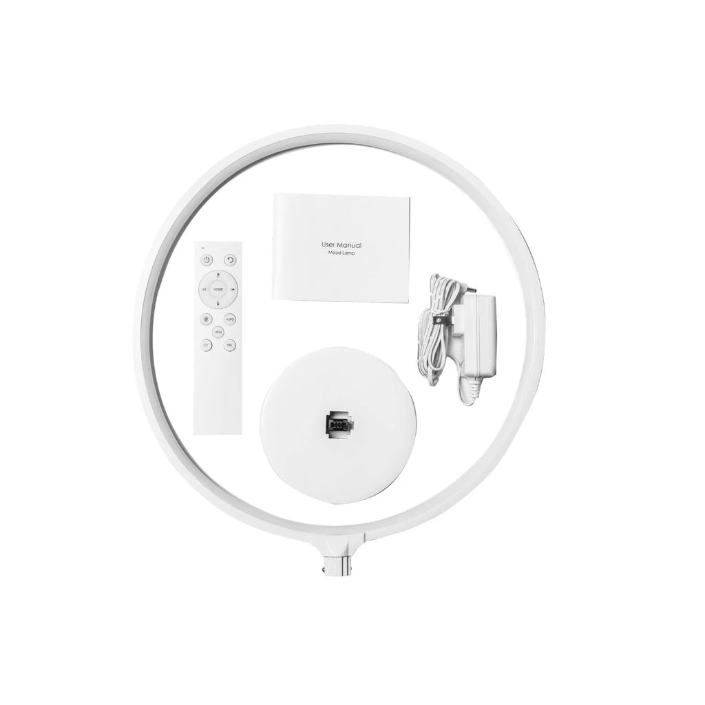 White Full Moon Lamp table light with remote control on a wooden surface.