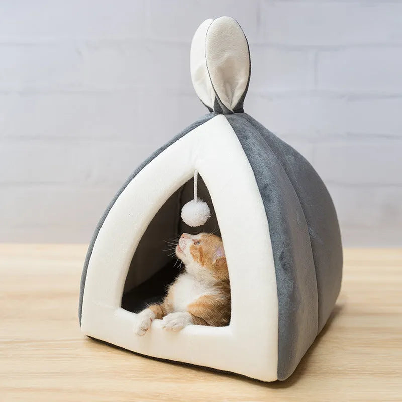 Cloth cat house villa bed in grey, pink, or yellow colours with four size options for cats and small dogs