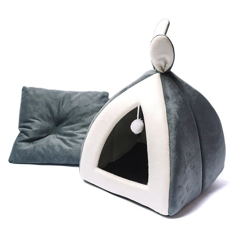 Cloth cat house villa bed in grey, pink, or yellow colours with four size options for cats and small dogs