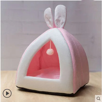 Cloth cat house villa bed in grey, pink, or yellow colours with four size options for cats and small dogs