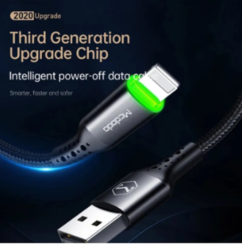 Black braided MFi certified Lightning cable with LED indicator showing orange charging light