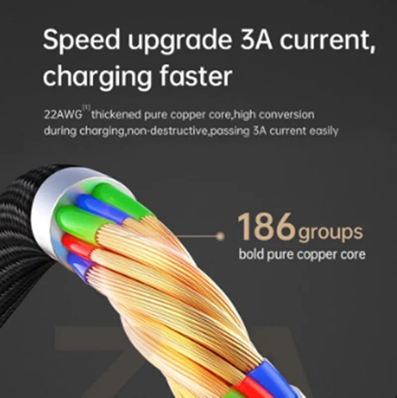 Black braided MFi certified Lightning cable with LED indicator showing orange charging light