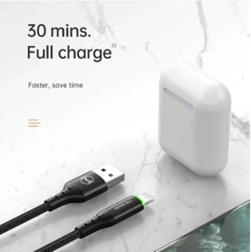 Black braided MFi certified Lightning cable with LED indicator showing orange charging light