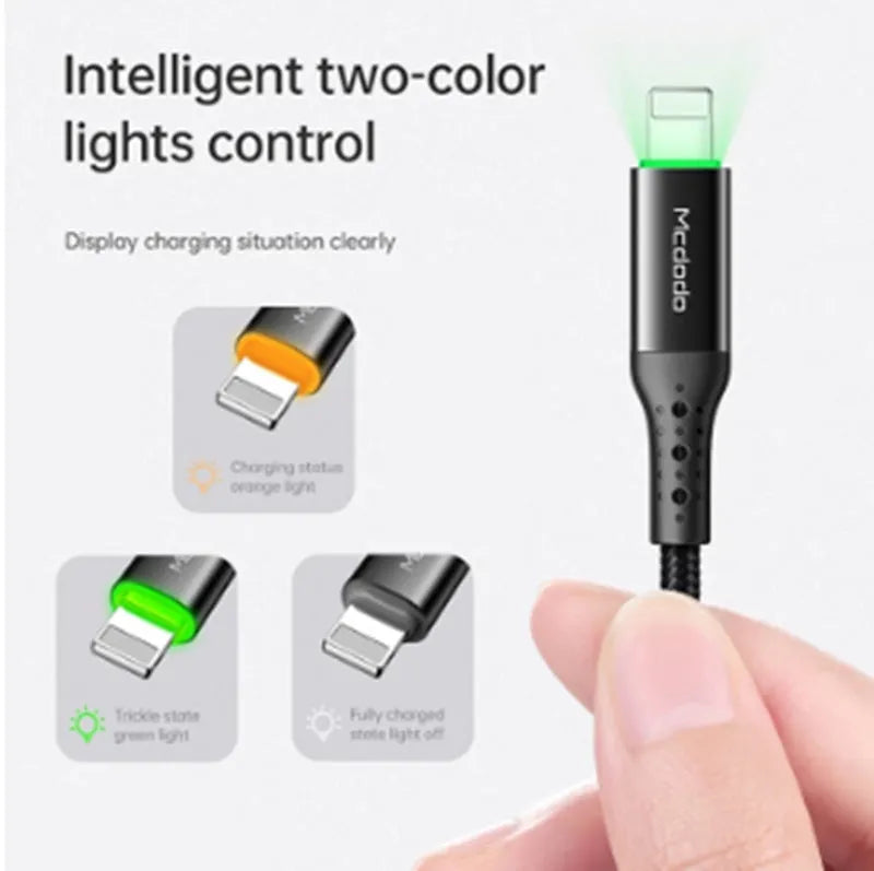 Black braided MFi certified Lightning cable with LED indicator showing orange charging light