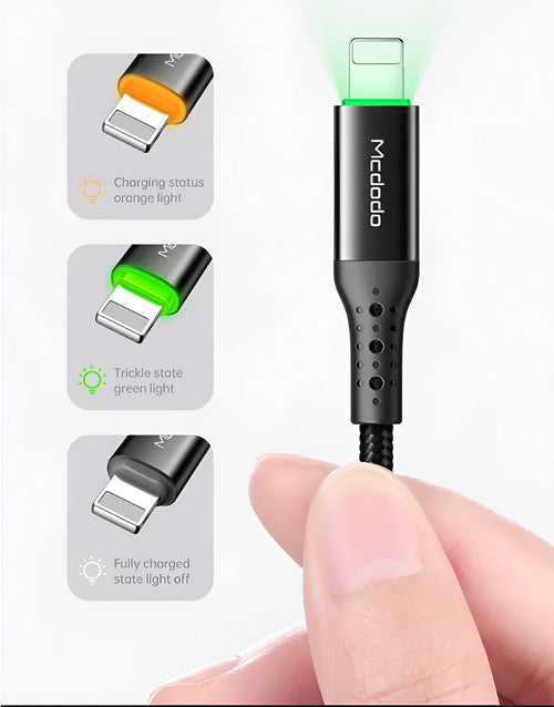 Black braided MFi certified Lightning cable with LED indicator showing orange charging light