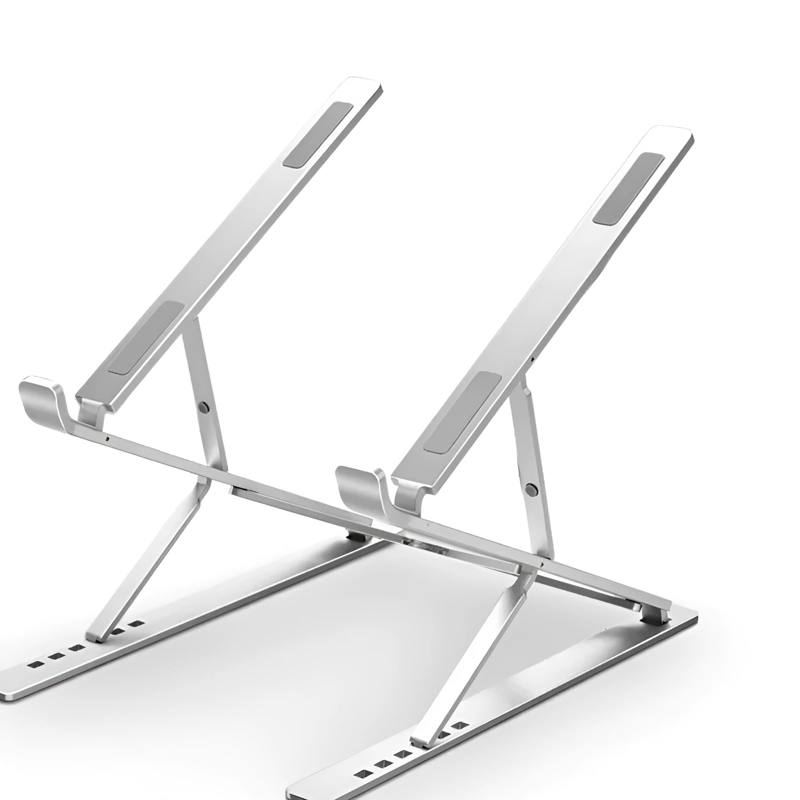 Double-layer aluminium alloy laptop stand in silver, folded with flannel bag, 80 kg load capacity