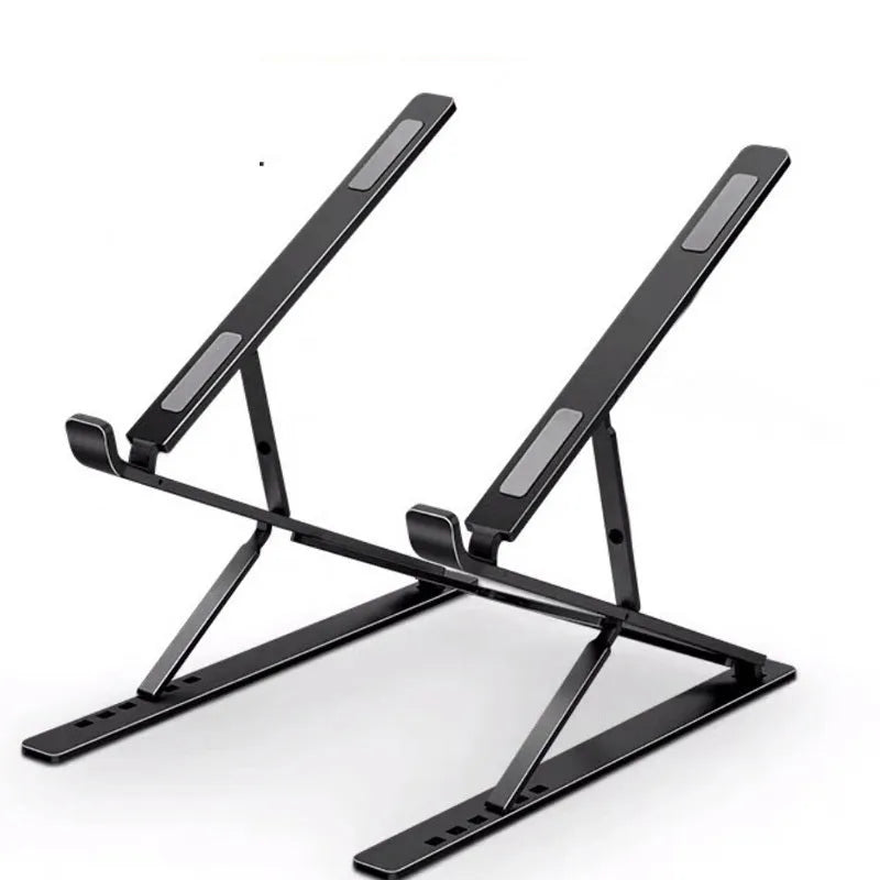 Double-layer aluminium alloy laptop stand in silver, folded with flannel bag, 80 kg load capacity