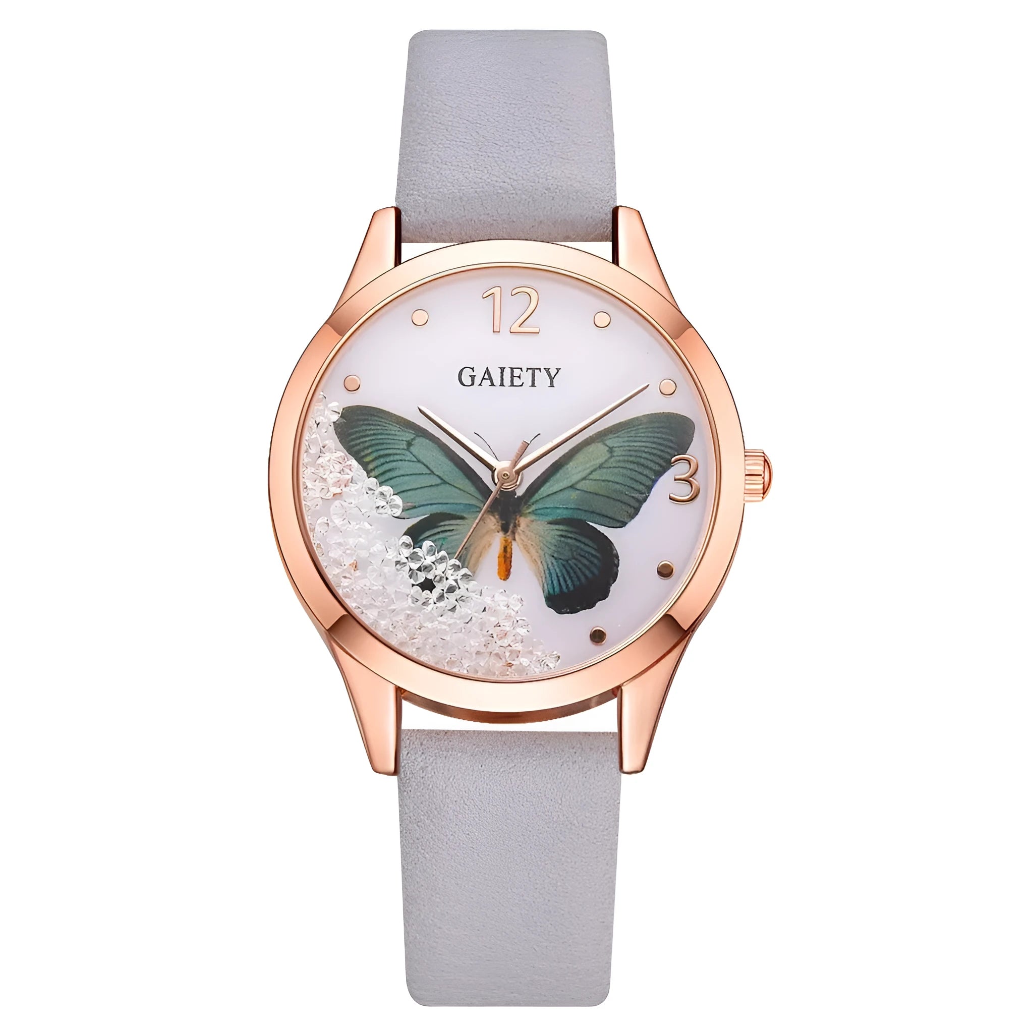 Gaiety women's watch with removable rhinestone butterfly on round dial and leather strap