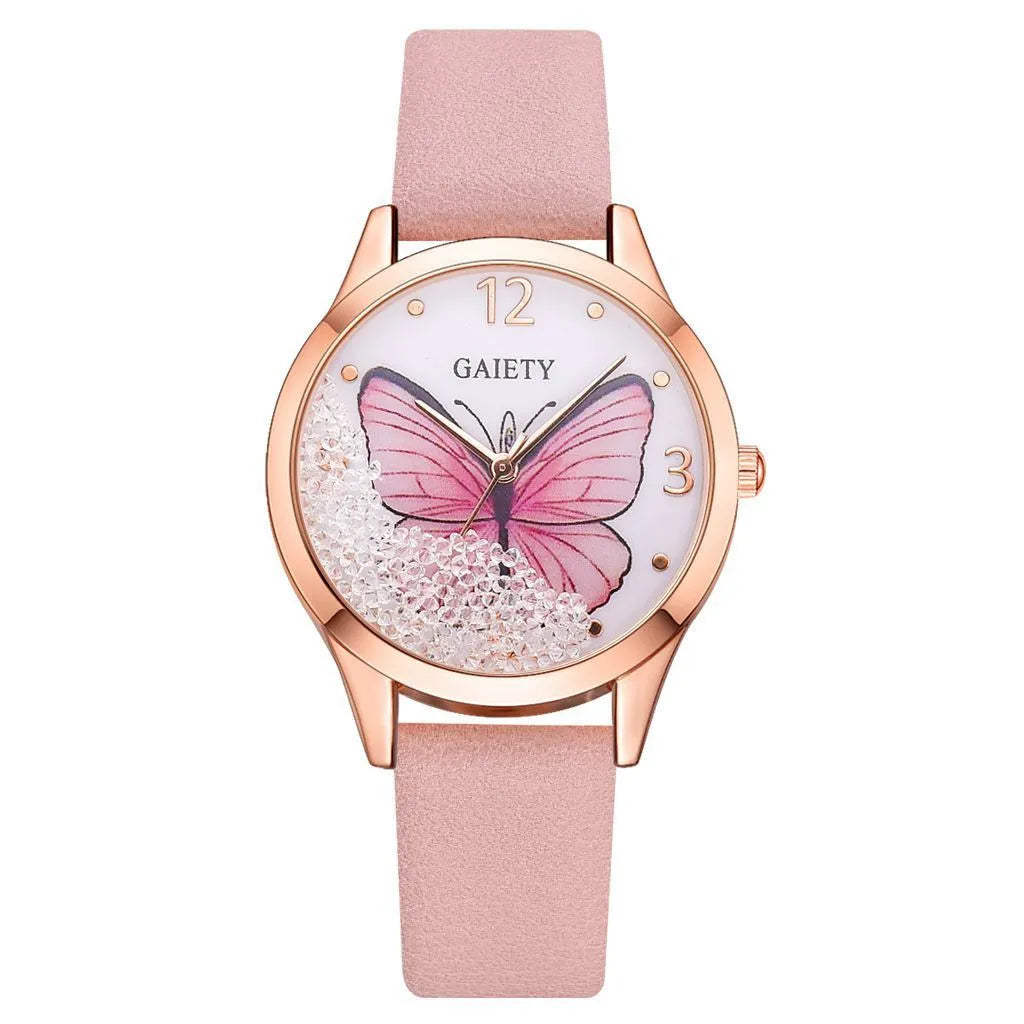 Gaiety women's watch with removable rhinestone butterfly on round dial and leather strap