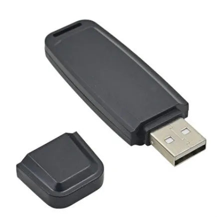 Black and white USB flash drive with voice playback function showing dimensions of 70mm length