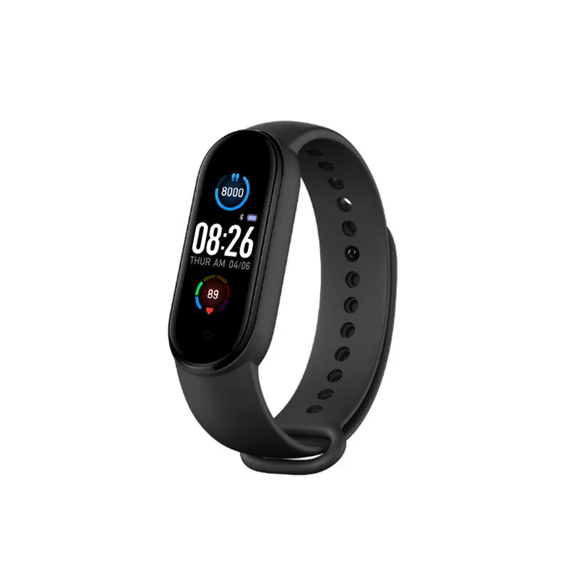 M5 smart bracelet in black showing heart rate monitoring on 0.96-inch screen with wrist strap