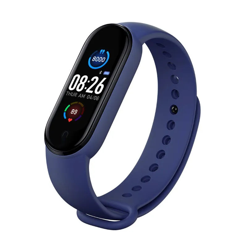 M5 smart bracelet in black showing heart rate monitoring on 0.96-inch screen with wrist strap