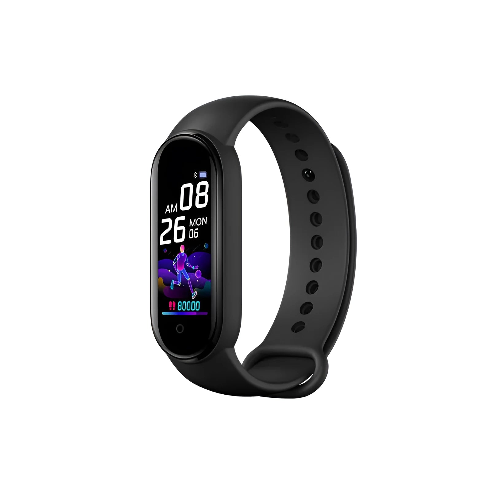 M5 smart bracelet in black showing heart rate monitoring on 0.96-inch screen with wrist strap