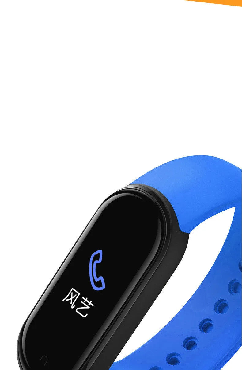 M5 smart bracelet in black showing heart rate monitoring on 0.96-inch screen with wrist strap