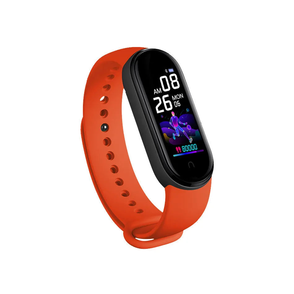 M5 smart bracelet in black showing heart rate monitoring on 0.96-inch screen with wrist strap