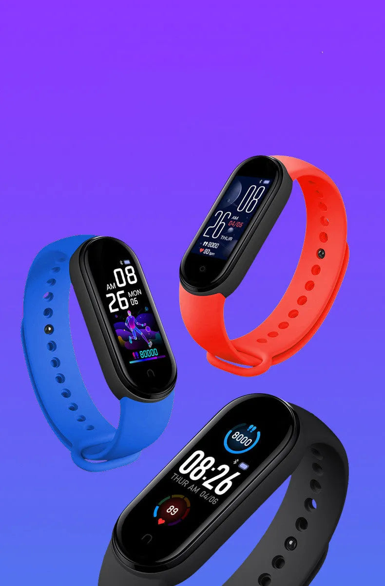 M5 smart bracelet in black showing heart rate monitoring on 0.96-inch screen with wrist strap