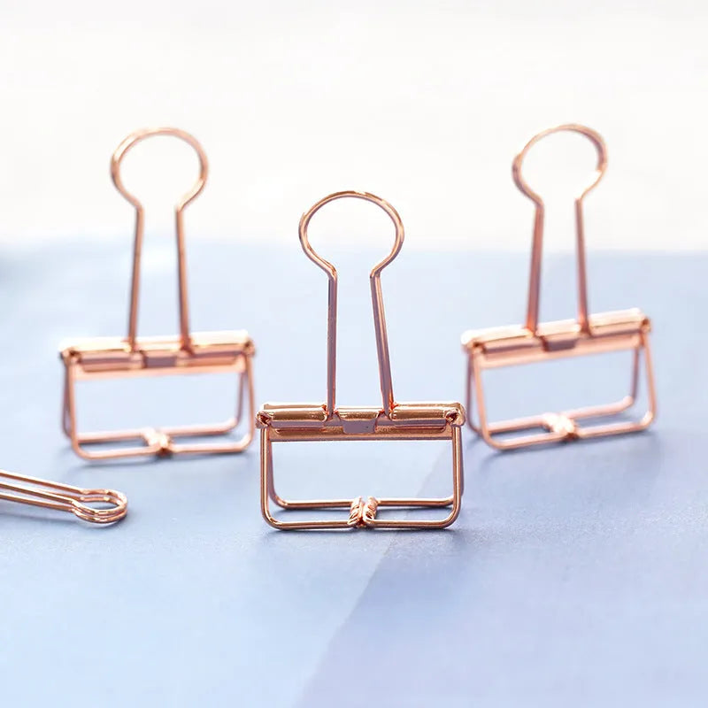 Rose gold metal binder clip set showing eight small and six large clips for document organisation