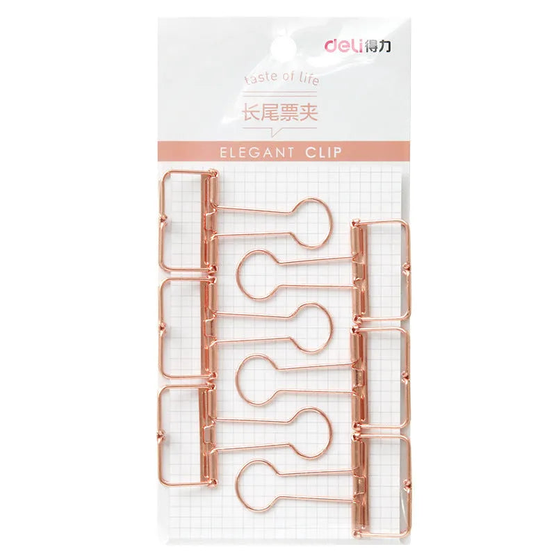 Rose gold metal binder clip set showing eight small and six large clips for document organisation