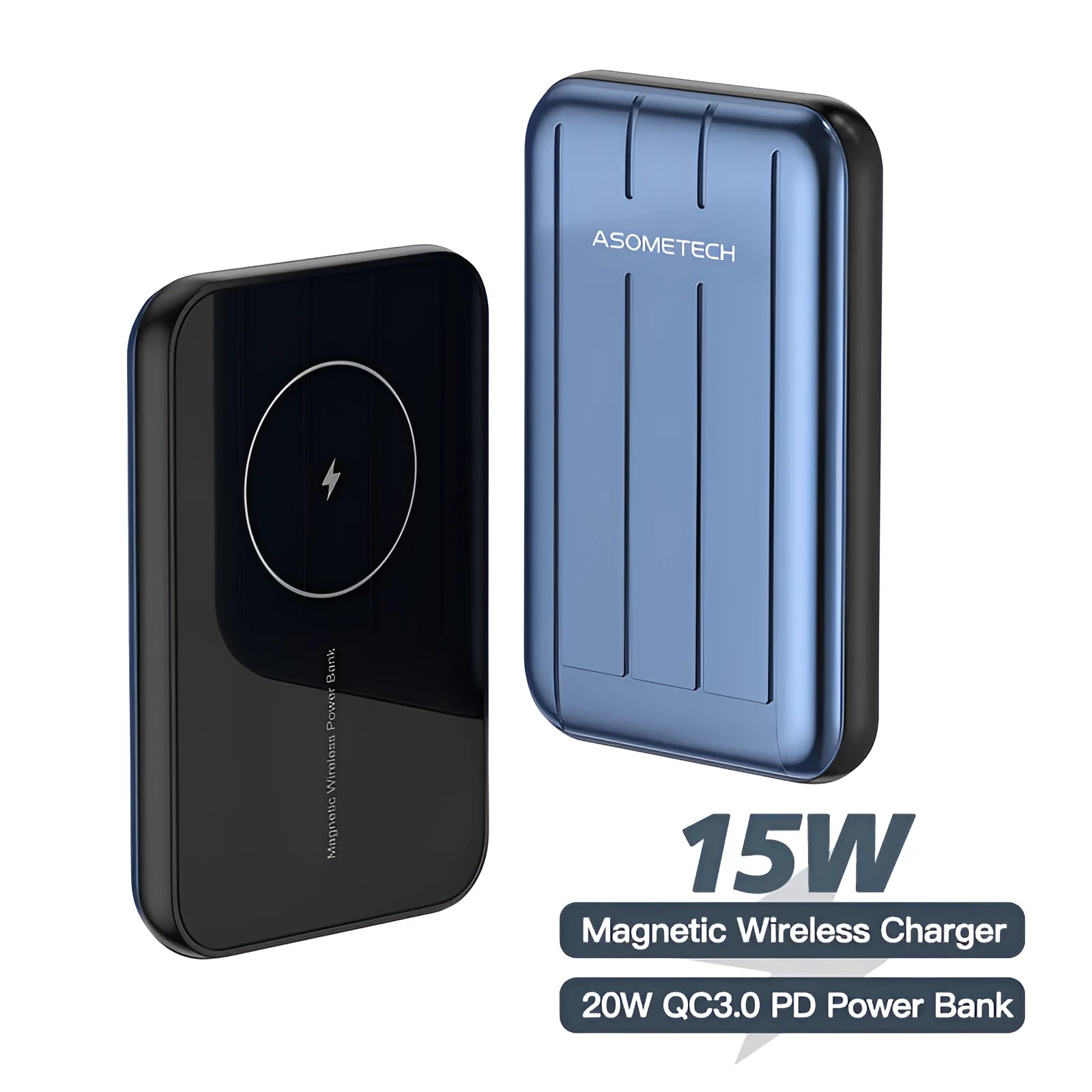 Blue acrylic magnetic wireless power bank attached to an iPhone 12 showing charging status.