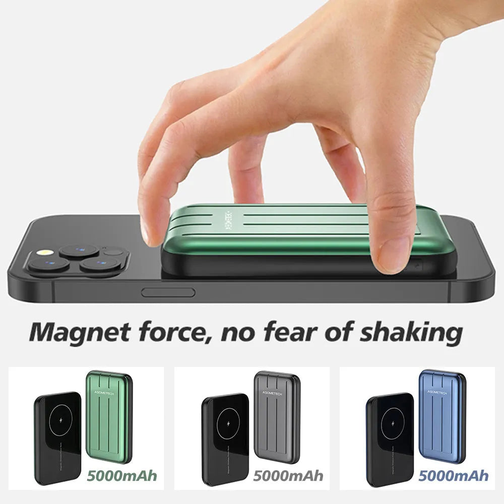 Blue acrylic magnetic wireless power bank attached to an iPhone 12 showing charging status.