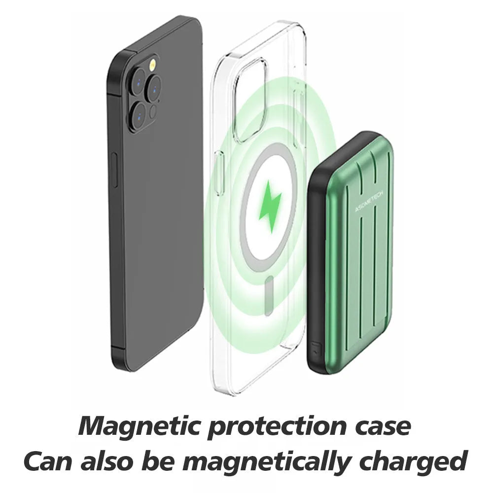 Blue acrylic magnetic wireless power bank attached to an iPhone 12 showing charging status.