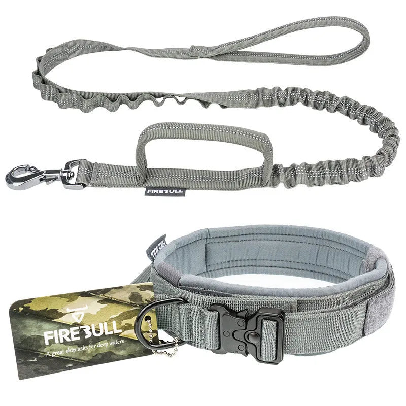 Nylon dog collar and leash set in grey, on a white background
