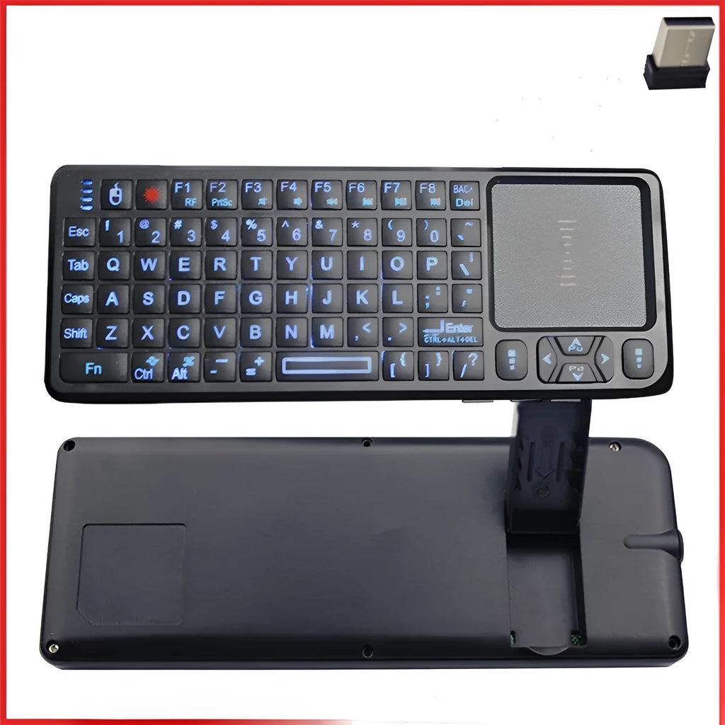 Black wireless mini keyboard with touch screen for computer control