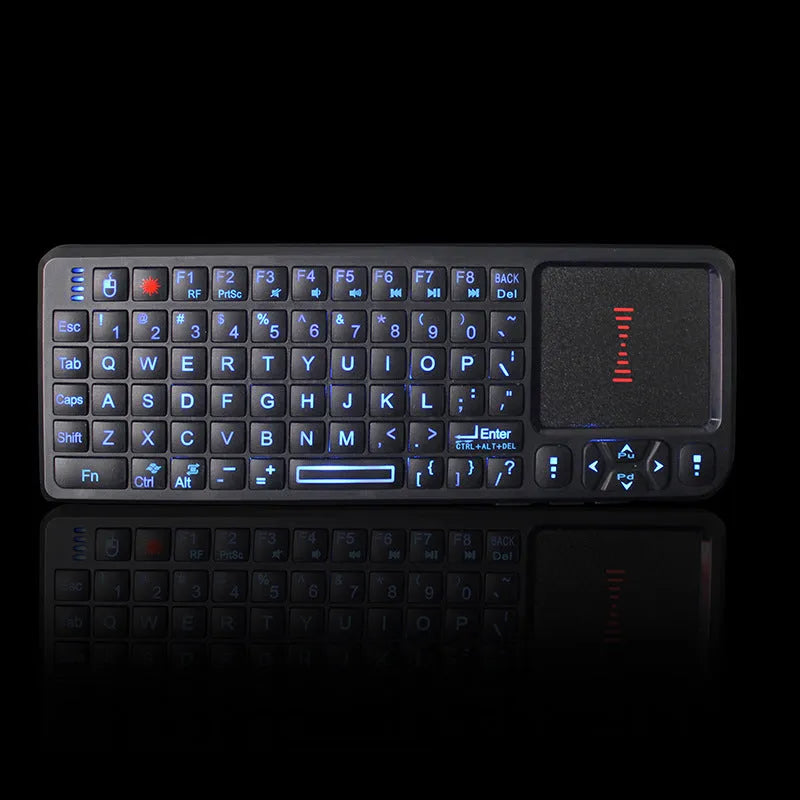 Black wireless mini keyboard with touch screen for computer control