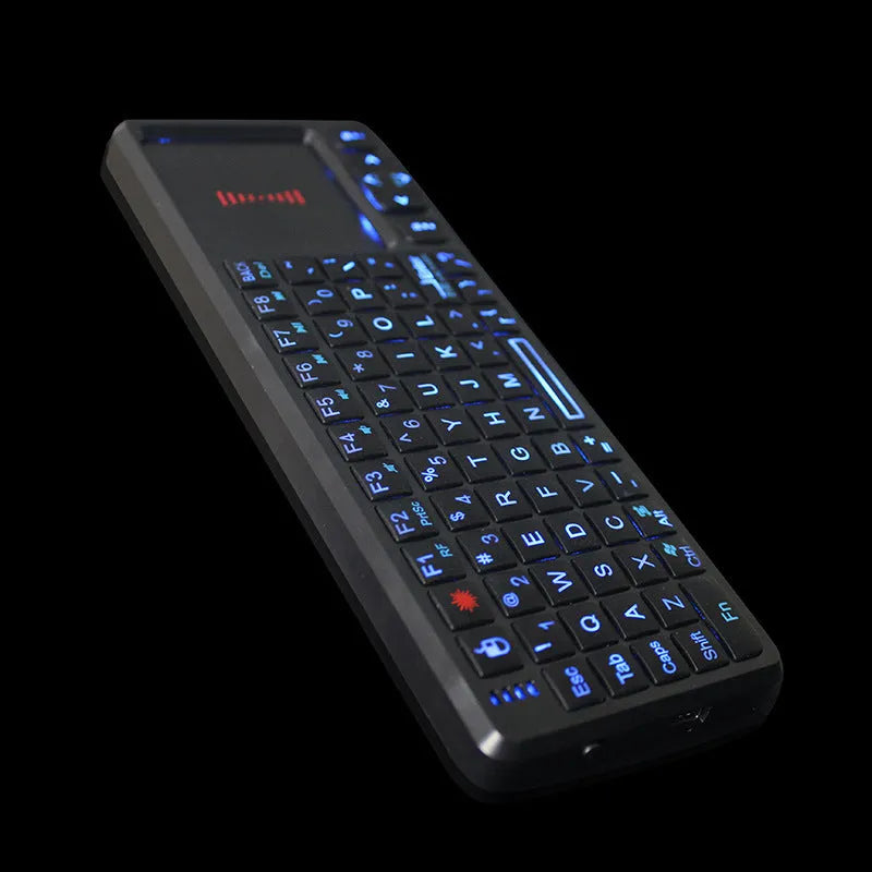 Black wireless mini keyboard with touch screen for computer control