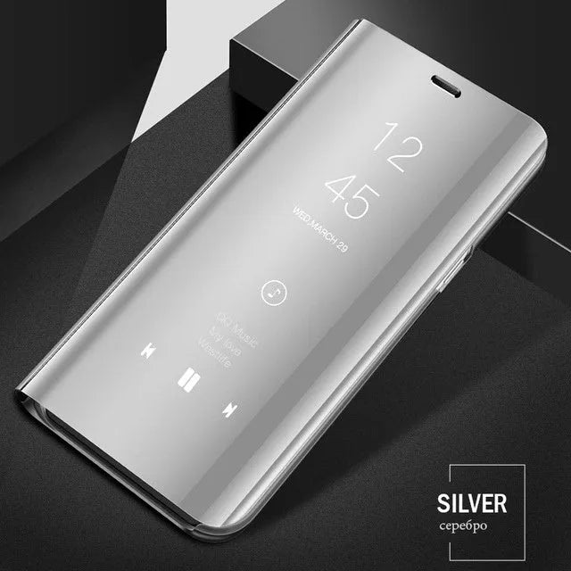 Samsung Galaxy mirror flip phone case in black, shown open with kickstand extended and mirror visible.