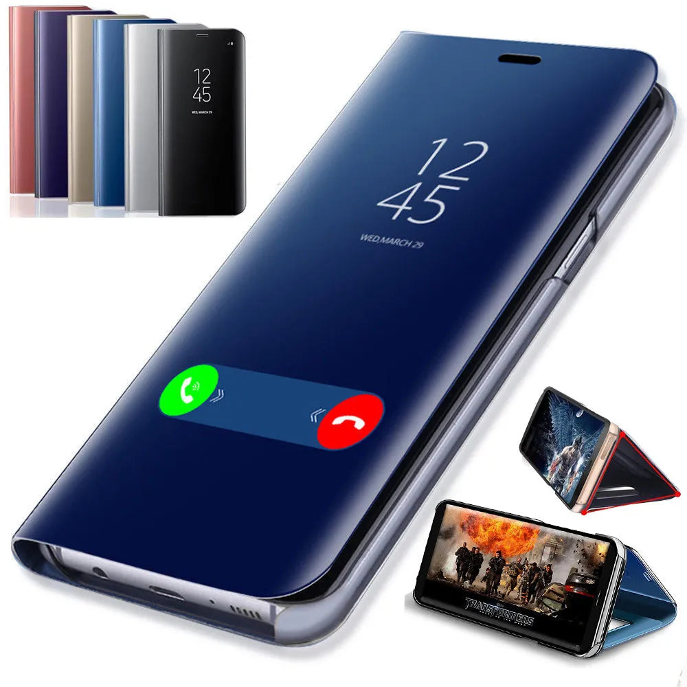 Samsung Galaxy mirror flip phone case in black, shown open with kickstand extended and mirror visible.