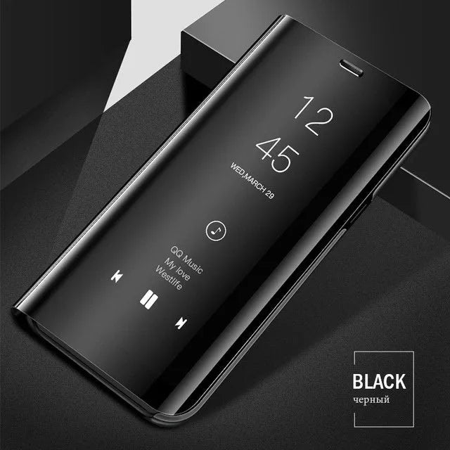 Samsung Galaxy mirror flip phone case in black, shown open with kickstand extended and mirror visible.