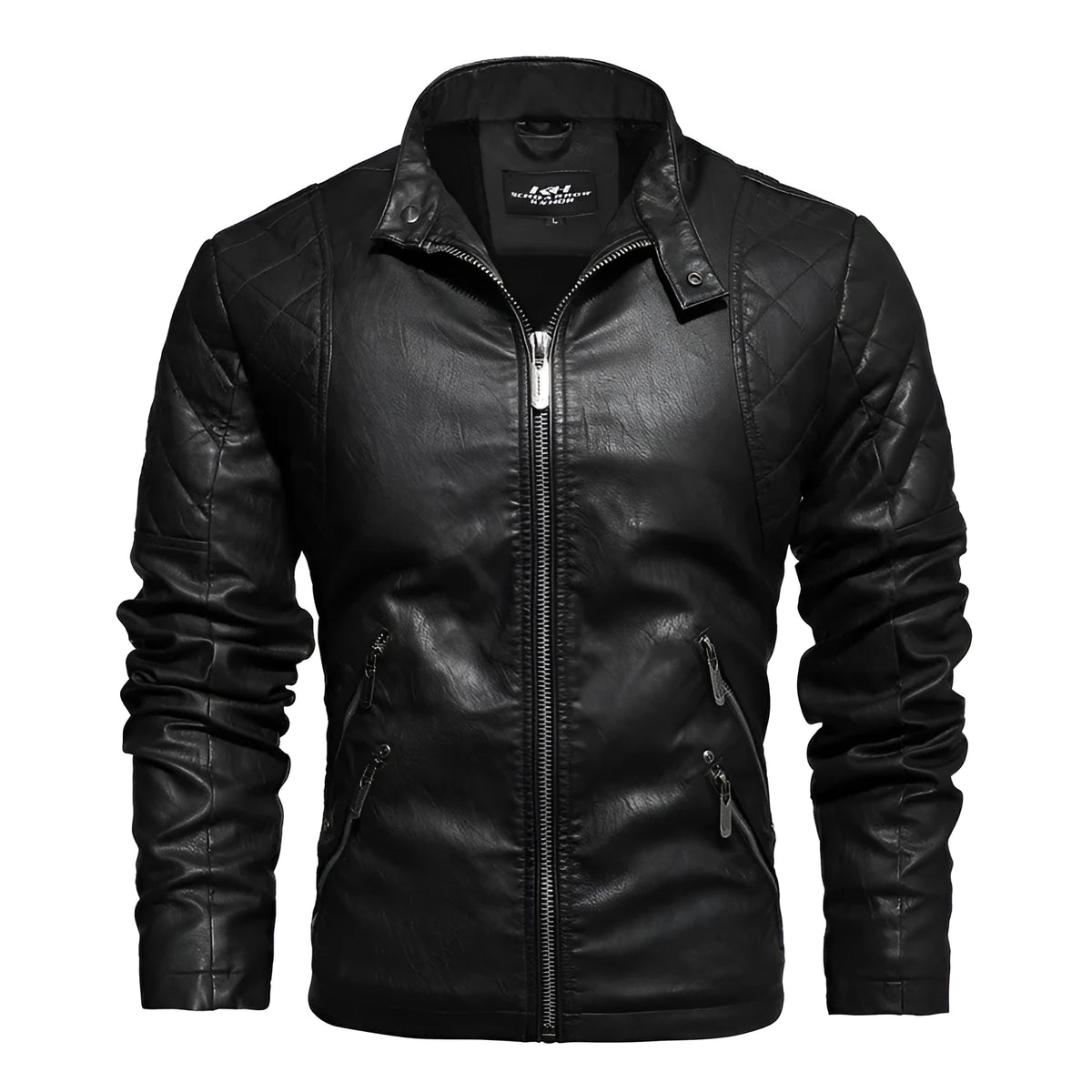 Men's PU leather jacket with stand-up collar and zip front, available in yellow, black or coffee, sizes L to 4XL.
