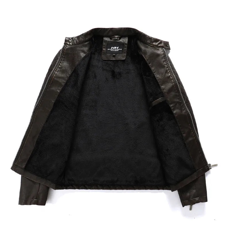 Men's PU leather jacket with stand-up collar and zip front, available in yellow, black or coffee, sizes L to 4XL.
