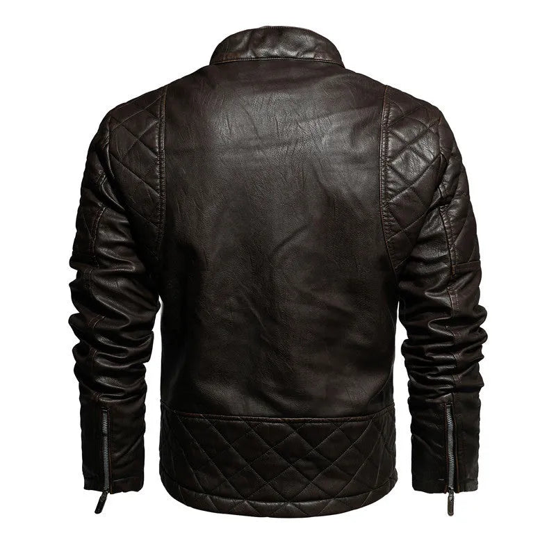 Men's PU leather jacket with stand-up collar and zip front, available in yellow, black or coffee, sizes L to 4XL.
