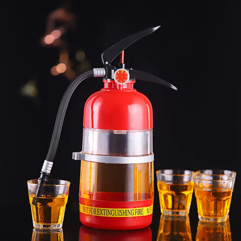 2L acrylic fire extinguisher-shaped wine dispenser with hand-press pump on a table