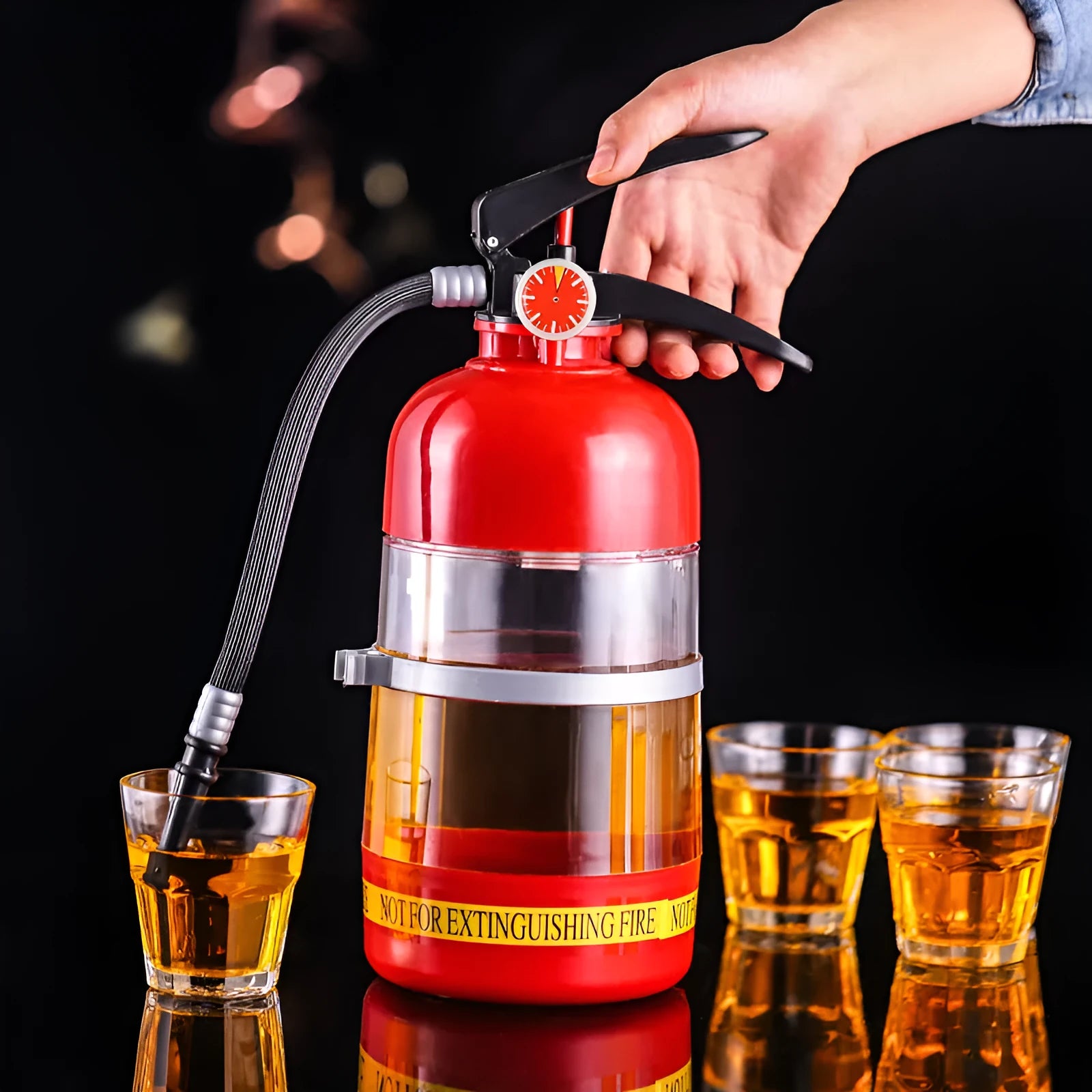 2L acrylic fire extinguisher-shaped wine dispenser with hand-press pump on a table