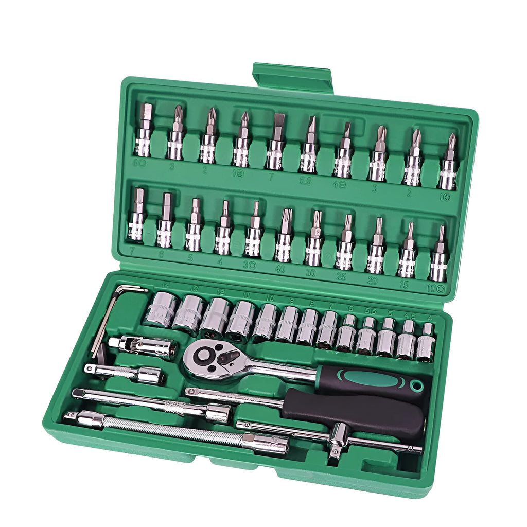 Green plastic case open to show a 46-piece set of alloy steel car repair sockets and wrenches.