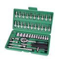 Green plastic case open to show a 46-piece set of alloy steel car repair sockets and wrenches.